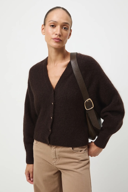 Odzież Kardigan damski z domieszką moheru i wełny RW25-SWD819 brązowy