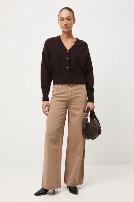 Kardigan damski z domieszką moheru i wełny RW25-SWD819 brązowy