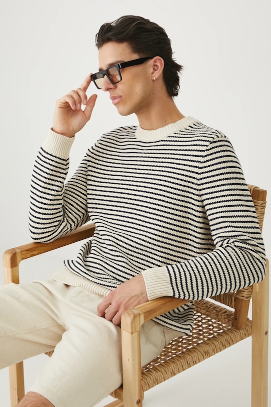 Sweter męski w pasy z wiskozą średniej grubości beżowy RW25-SWM100