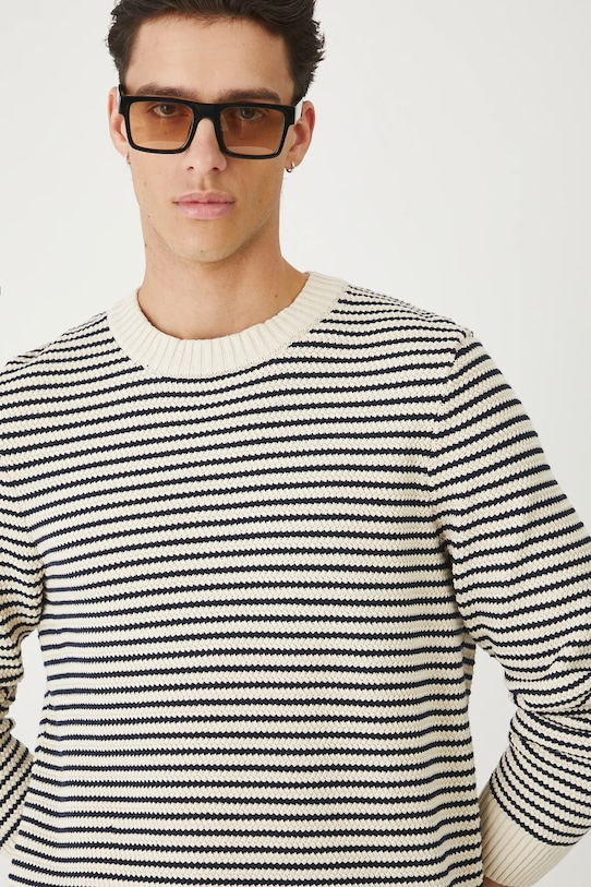 Sweter męski w pasy z wiskozą beżowy RW25-SWM100