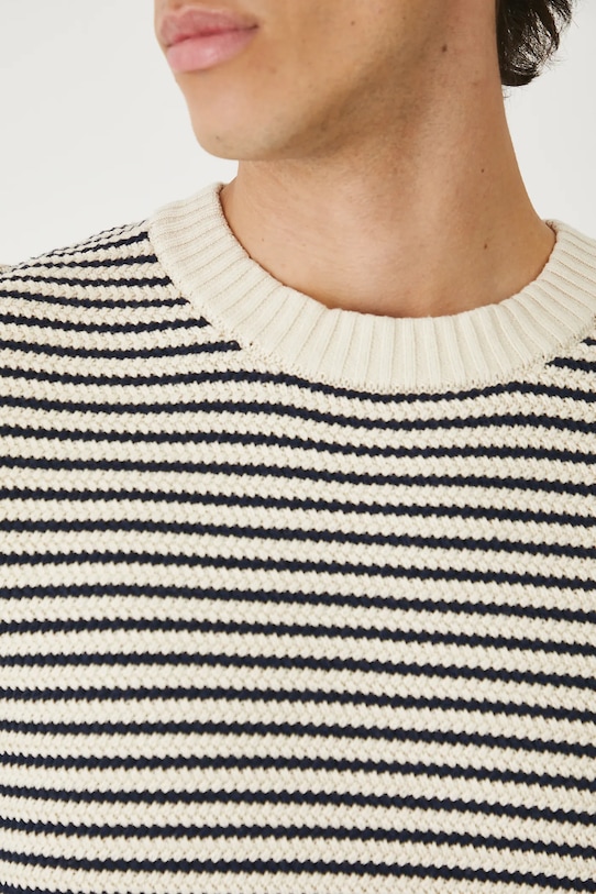 Sweter męski w pasy z wiskozą RW25-SWM100 beżowy