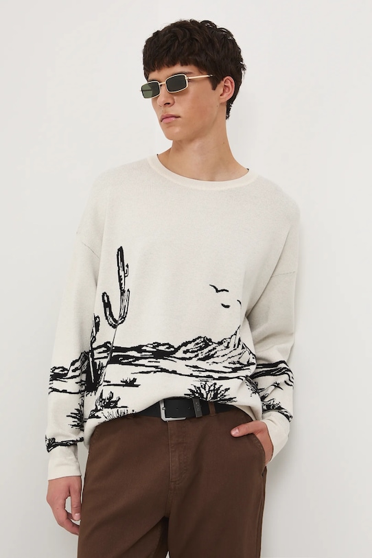 Sweter męski żakardowy wzorzysty średniej grubości beżowy RW25-SWM401