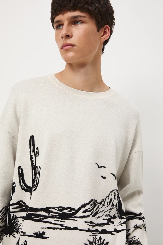 Sweter męski żakardowy wzorzysty beżowy RW25-SWM401