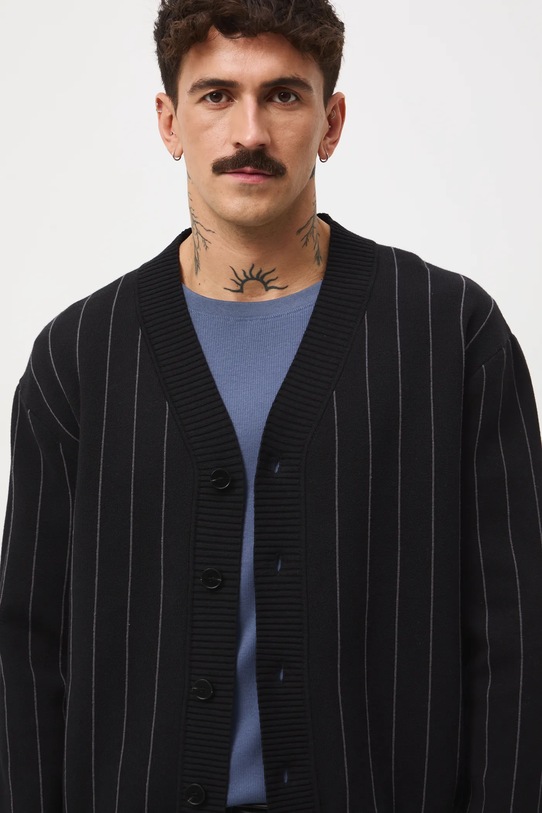 Kardigan męski w pasy czarny RW25-SWMA18