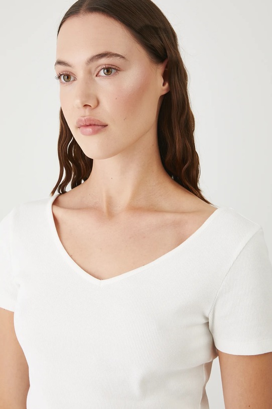 T-shirt bawełniany damski z elastanem prążkowany beżowy RW25.TSD012