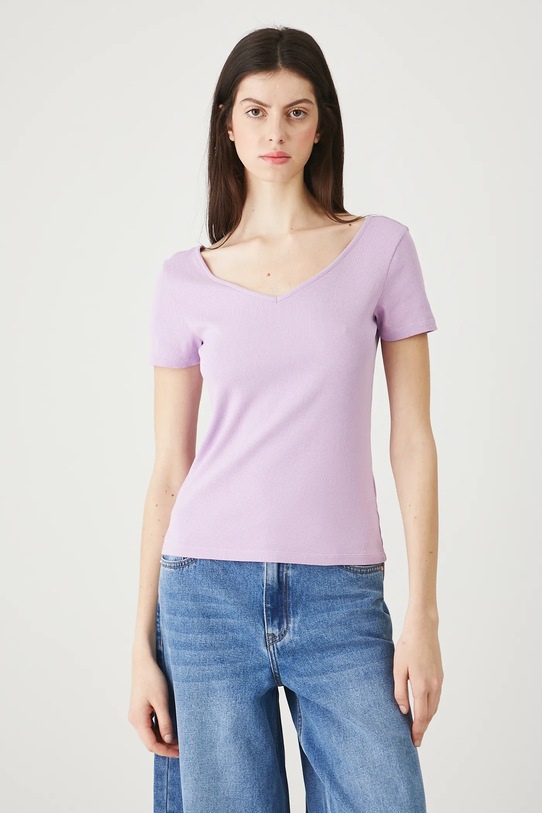 T-shirt bawełniany damski z elastanem prążkowany fioletowy RW25.TSD012
