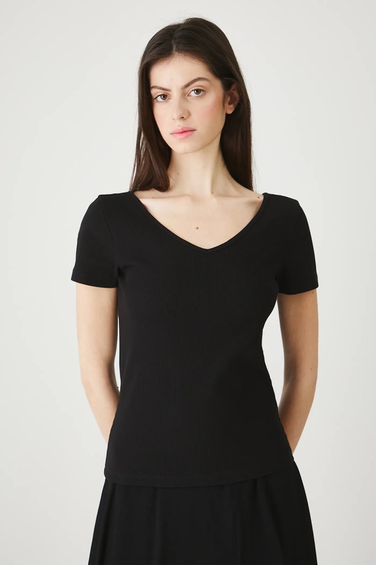 T-shirt bawełniany damski z elastanem prążkowany z elastanem czarny RW25.TSD012