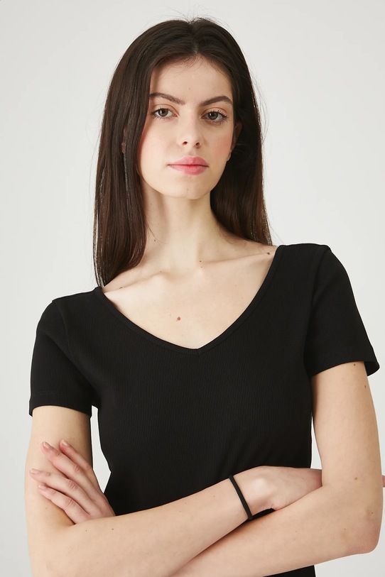 T-shirt bawełniany damski z elastanem prążkowany czarny RW25.TSD012