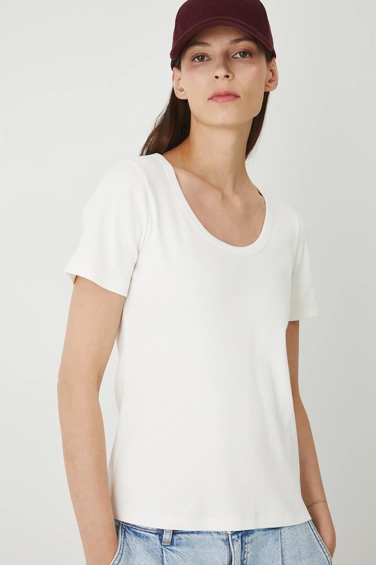 T-shirt bawełniany damski z elastanem prążkowany beżowy RW25-TSD020