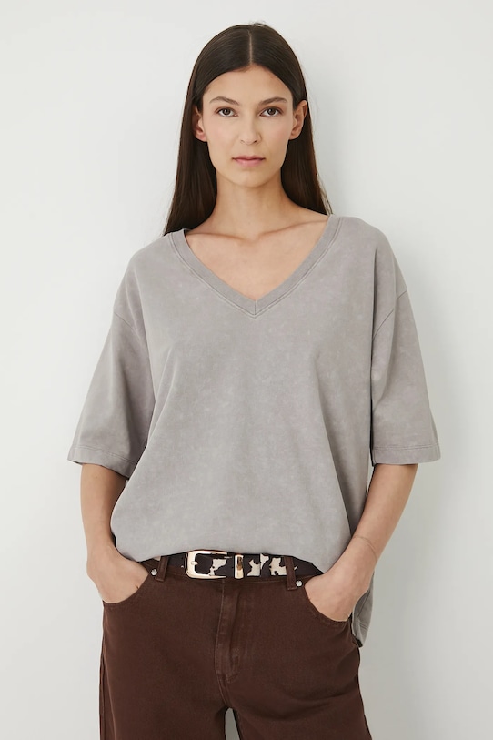 T-shirt bawełniany damski z efektem sprania gładkie szary RW25.TSD021