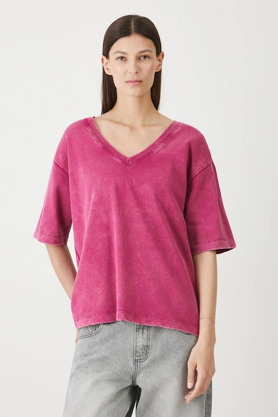 T-shirt bawełniany damski z efektem sprania gładkie różowy RW25.TSD021