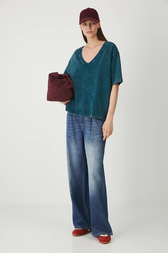 T-shirt bawełniany damski z efektem sprania gładkie turkusowy RW25.TSD021