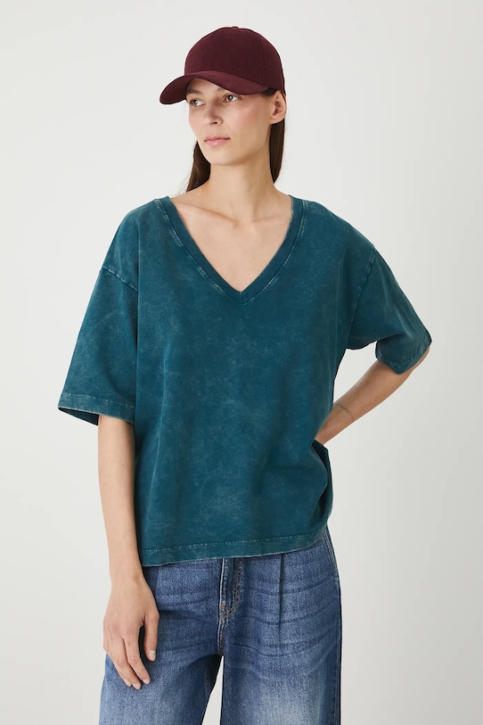 T-shirt bawełniany damski z efektem sprania RW25.TSD021 turkusowy RW25