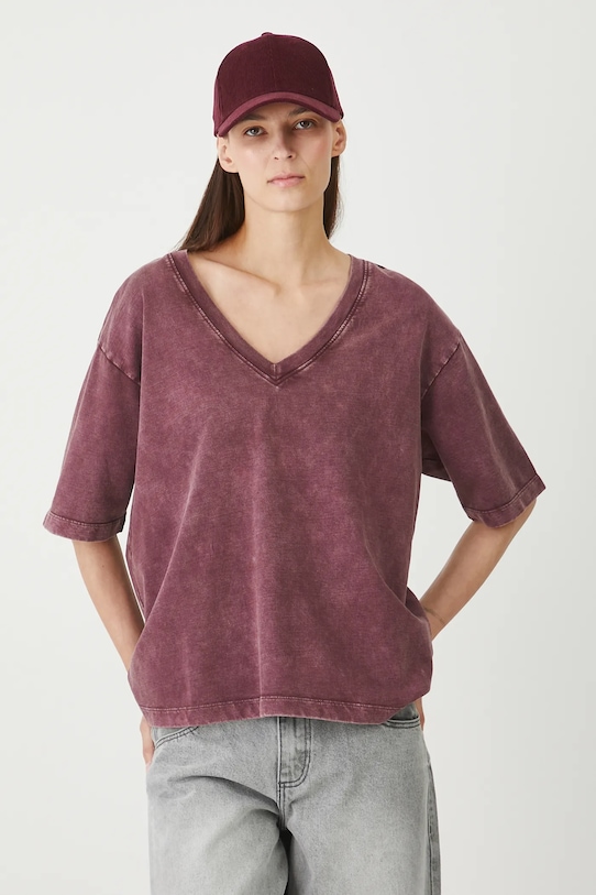 T-shirt bawełniany damski z efektem sprania bordowy RW25.TSD021