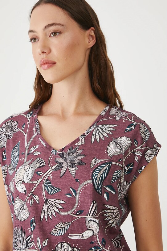 T-shirt bawełniany damski wzorzysty bordowy RW25.TSD101