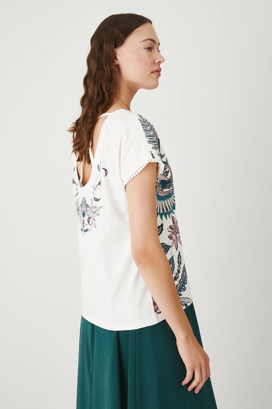 T-shirt bawełniany damski z wycięciem na plecach bawełna beżowy RW25.TSD103