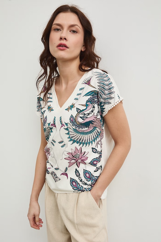 Oblečení Bavlněné tričko dámské s výstřihem na zádech RW25-TSD103 béžová