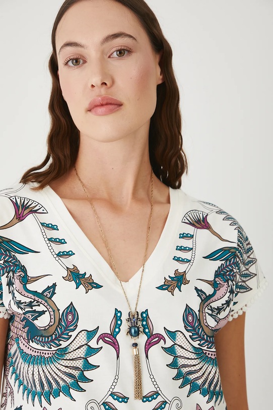 T-shirt bawełniany damski z wycięciem na plecach beżowy RW25.TSD103