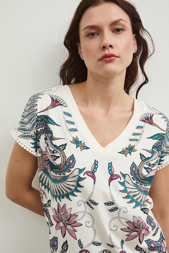 Bavlněné tričko dámské s výstřihem na zádech RW25-TSD103 béžová