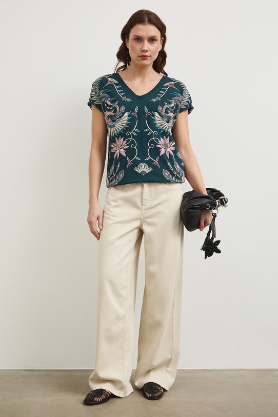 Bavlněné tričko dámské s výstřihem na zádech RW25-TSD103 zelená RS26