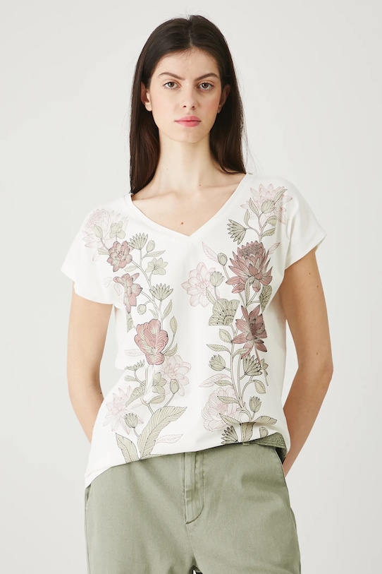 T-shirt bawełniany damski z nadrukiem bawełna beżowy RW25-TSD104