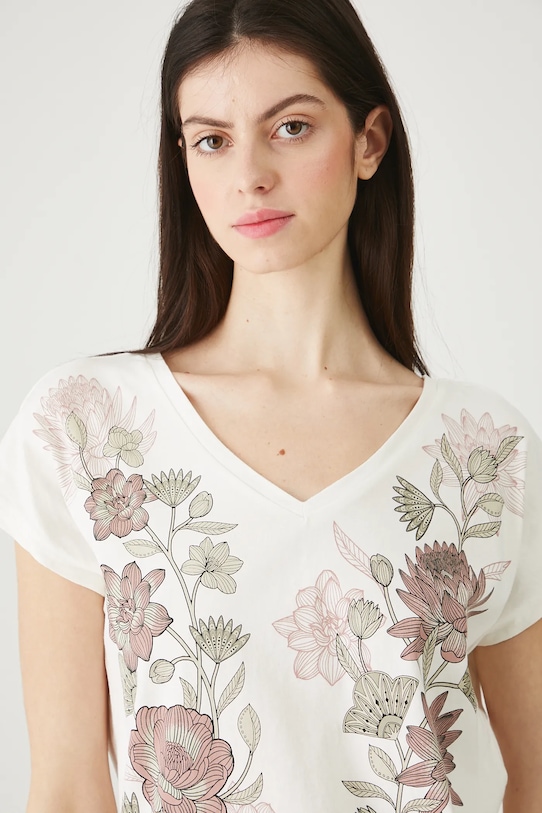 T-shirt bawełniany damski z nadrukiem beżowy RW25-TSD104