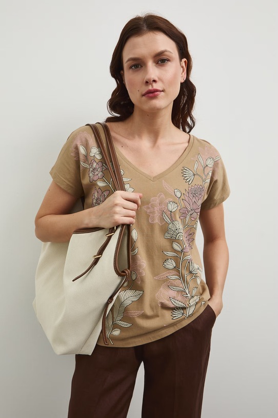 Oblečení Bavlněné tričko dámské s potiskem RW25-TSD104 béžová