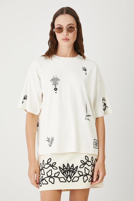 T-shirt bawełniany damski z elastanem interlock okrągły beżowy RW25-TSD106