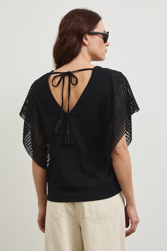 Oblečení Bavlněné tričko dámské s ozdobnými rukávy RW25-TSD110 černá