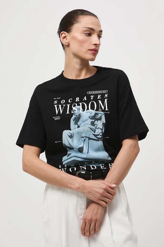T-shirt bawełniany damski z kolekcji Science – Words of Wisdom RW25-TSD351 czarny RW25