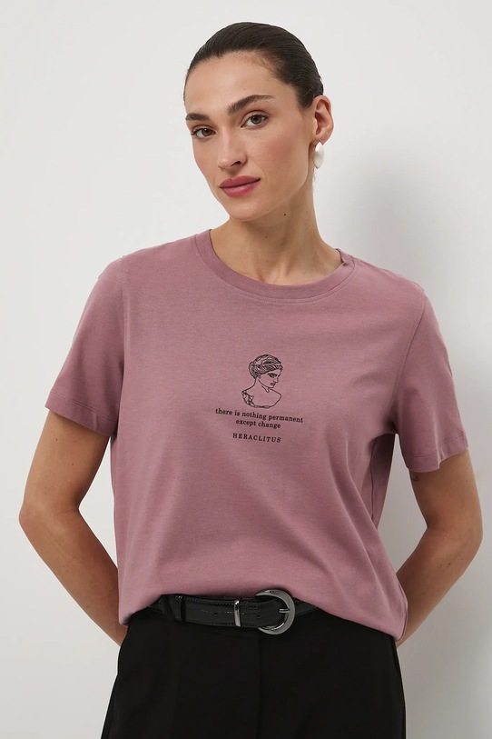 T-shirt bawełniany damski z kolekcji Science – Words of Wisdom RW25-TSD352 różowy RW25
