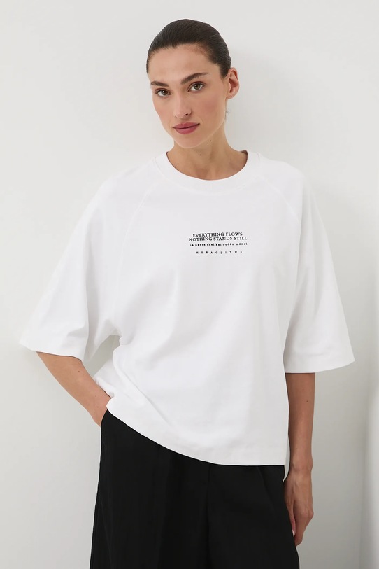T-shirt bawełniany damski z kolekcji Science – Words of Wisdom beżowy RW25-TSD353