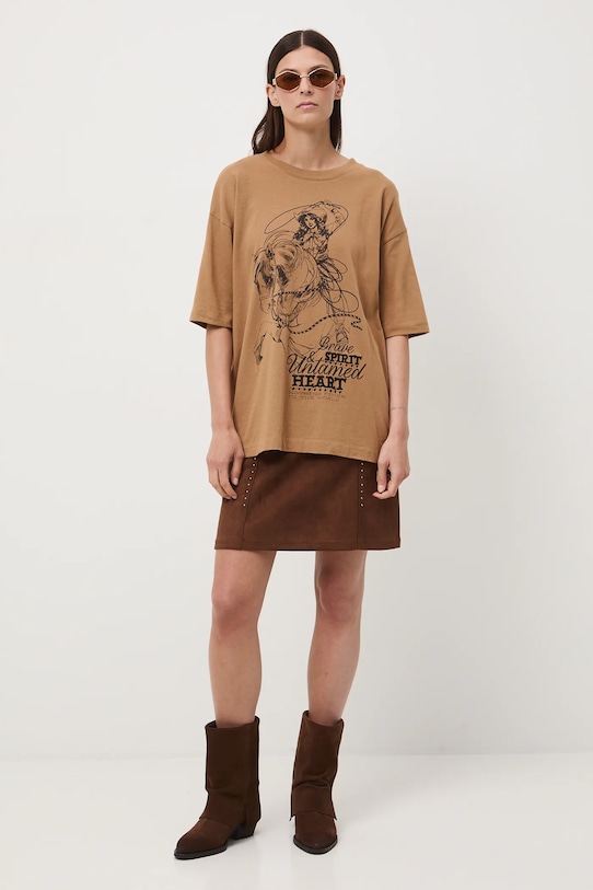 T-shirt bawełniany damski oversize z nadrukiem i haftem okrągły beżowy RW25-TSD400