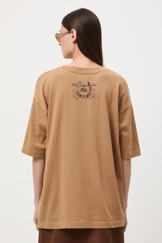 Odzież T-shirt bawełniany damski oversize z nadrukiem i haftem RW25-TSD400 beżowy
