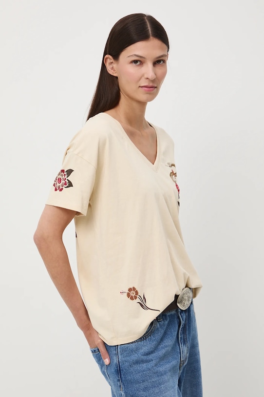 T-shirt bawełniany damski z nadrukiem i haftem bawełna beżowy RW25-TSD401