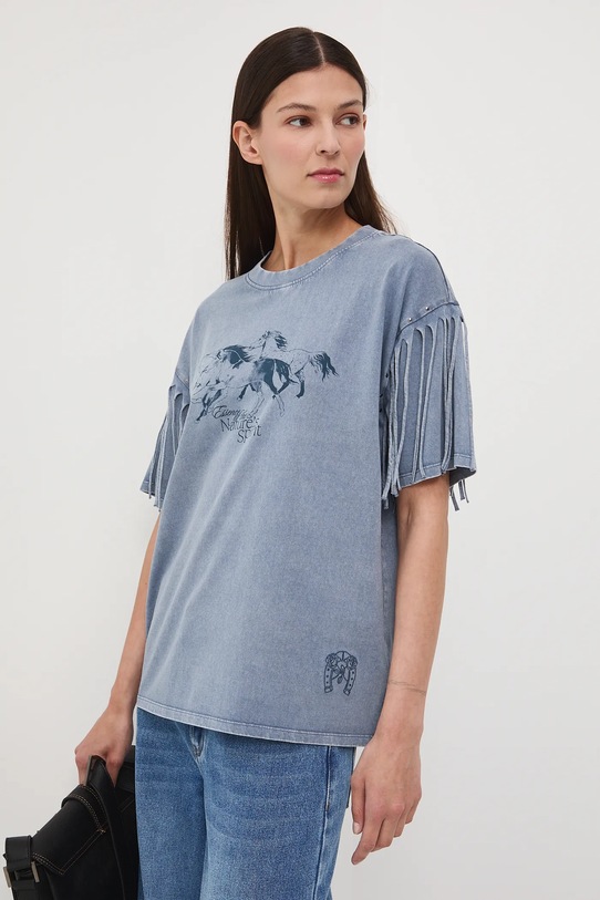T-shirt bawełniany damski z efektem sprania niebieski RW25-TSD402