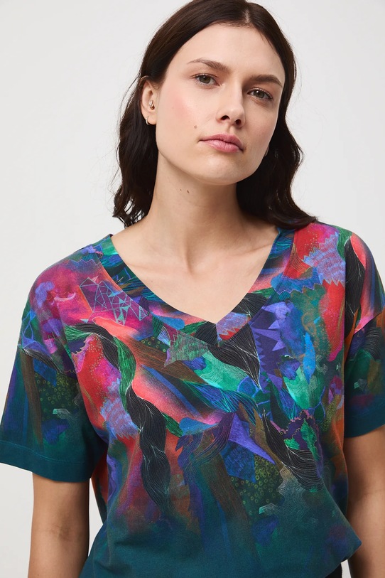 T-shirt bawełniany damski z elastanem z kolekcji Tajemniczy Świat Medicine RW25-TSD551 turkusowy