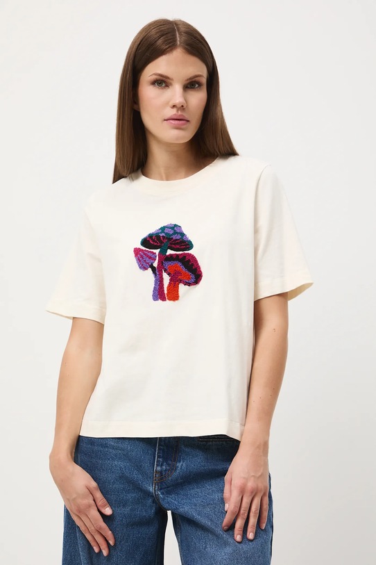 T-shirt bawełniany damski z elastanem z aplikacją aplikacja beżowy RW25-TSD600