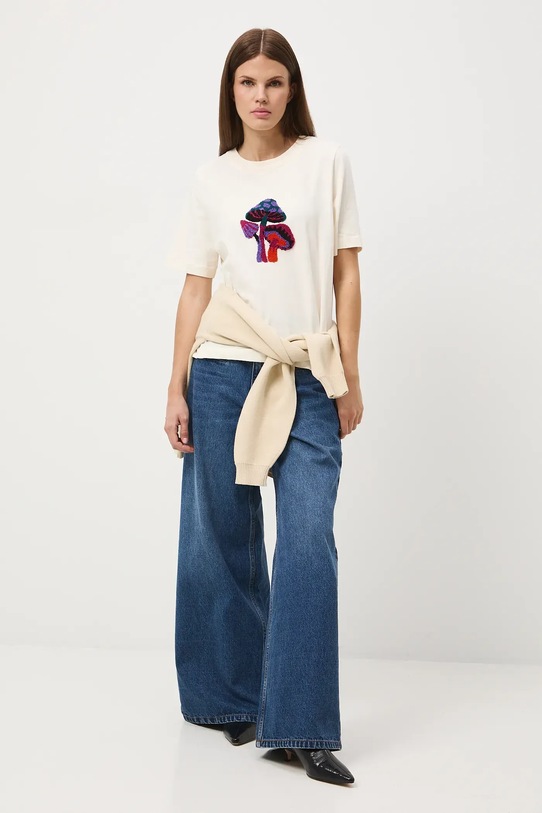 T-shirt bawełniany damski z elastanem z aplikacją RW25-TSD600 beżowy RW25