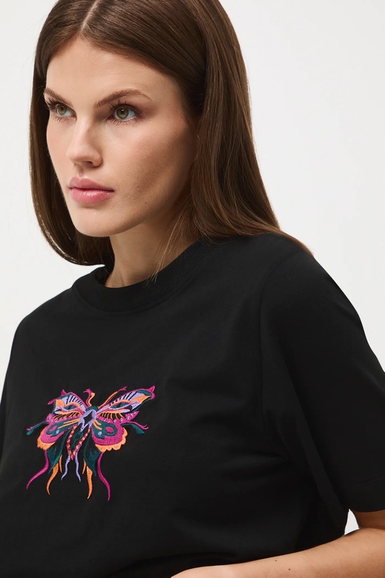 T-shirt bawełniany damski z elastanem z aplikacją czarny RW25-TSD600