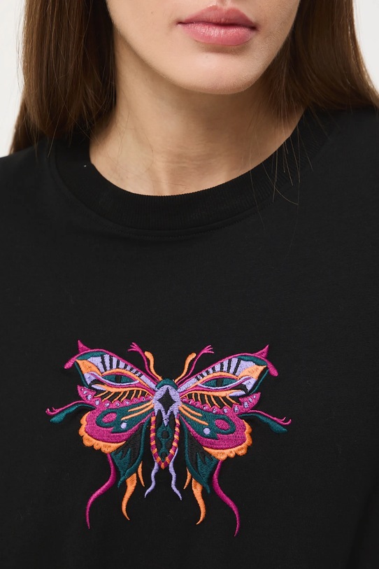 T-shirt bawełniany damski z elastanem z aplikacją RW25-TSD600 czarny