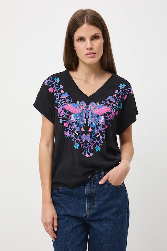 T-shirt bawełniany damski z efektem sprania szary RW25-TSD601