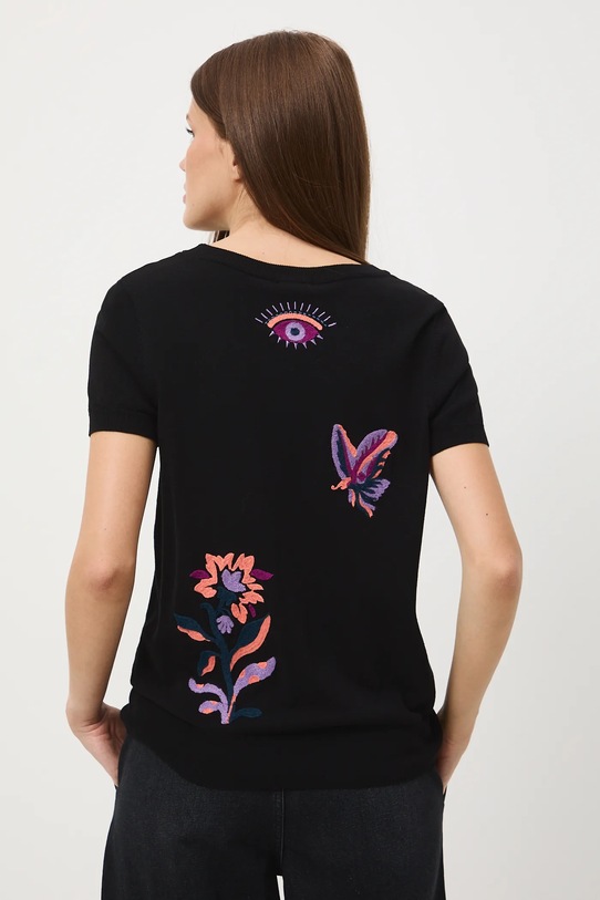 Odzież T-shirt damski z ozdobnymi haftami RW25-TSD603 czarny