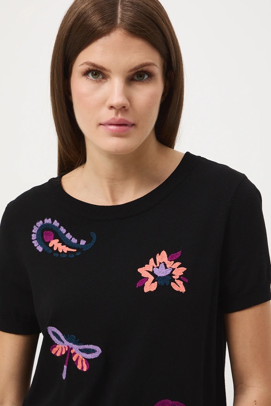 T-shirt damski z ozdobnymi haftami czarny RW25-TSD603