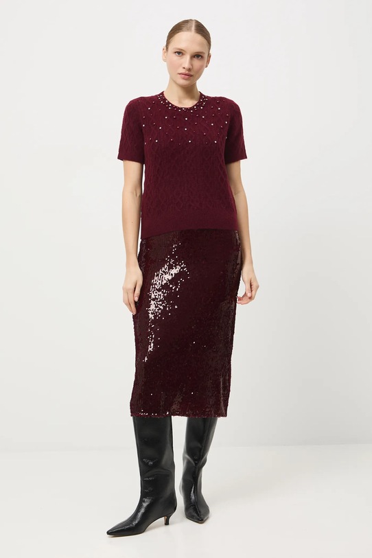 T-shirt damski z warkoczowym splotem aplikacja bordowy RW25-TSD700