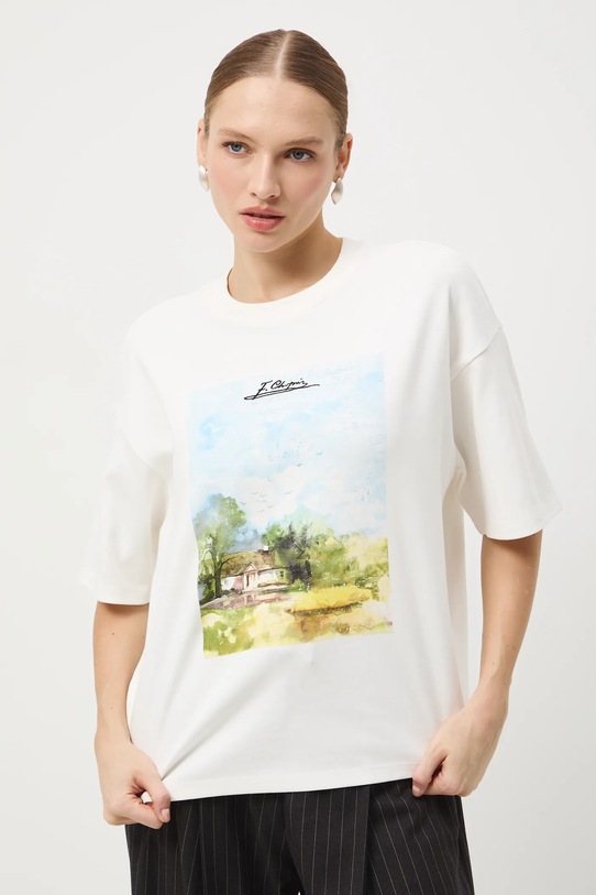T-shirt bawełniany damski z kolekcji Narodowy Instytut Fryderyka Chopina x Medicine RW25-TSD757 beżowy