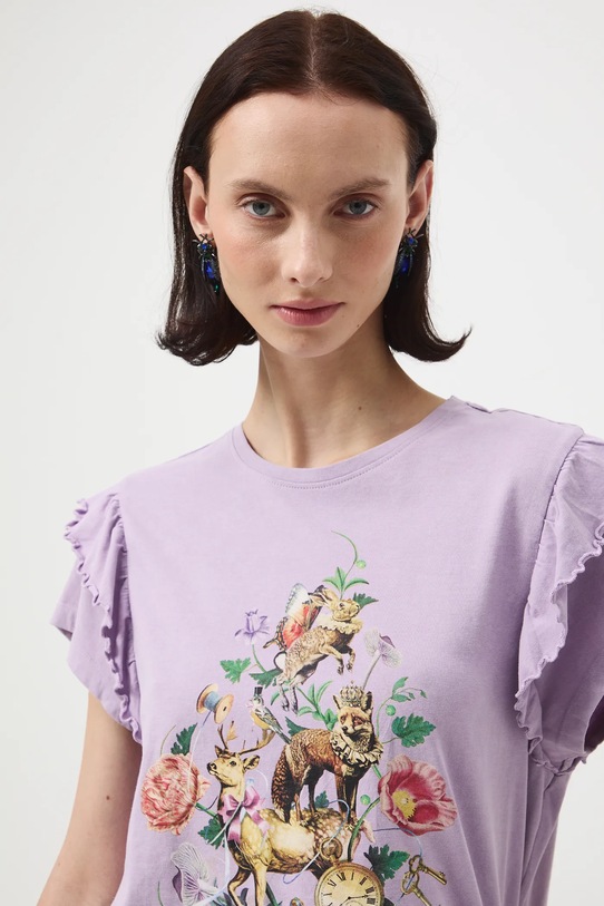 T-shirt bawełniany damski z nadrukiem fioletowy RW25-TSD904