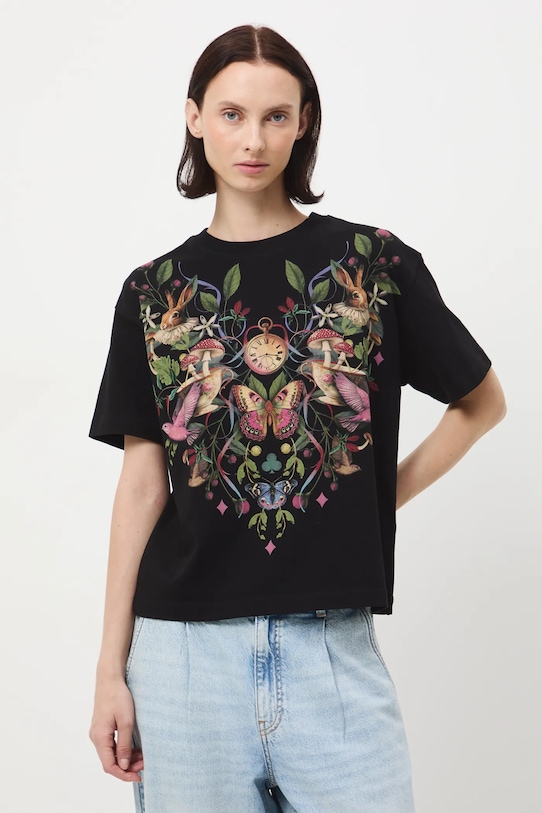 T-shirt bawełniany damski z nadrukiem okrągły czarny RW25-TSD907