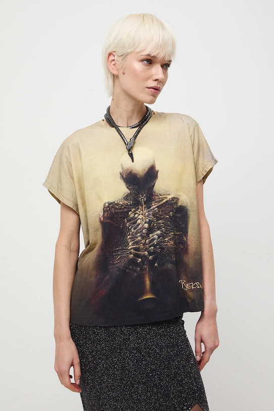 Odzież T-shirt bawełniany damski z kolekcji Zdzisław Beksiński x Medicine RW25-TSDA51 żółty