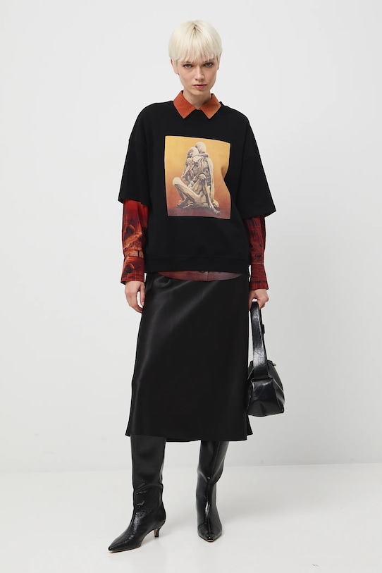 T-shirt bawełniany damski z kolekcji Zdzisław Beksiński x Medicine okrągły czarny RW25-TSDA54